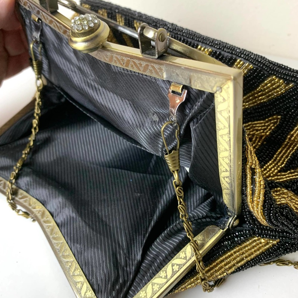 Vintage Gold Black Beaded Evening Purse Party Handbag With Chain Crossbody Strap - Picture 14 of 16